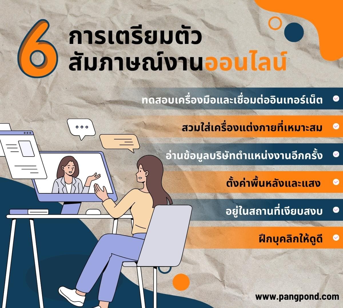 การสัมภาษณ์งาน (job interview) การเตรียมสัมภาษณ์งานการเตรียม 5 6 การเตรียมตัวสัมภาษณ์งานออนไลน์