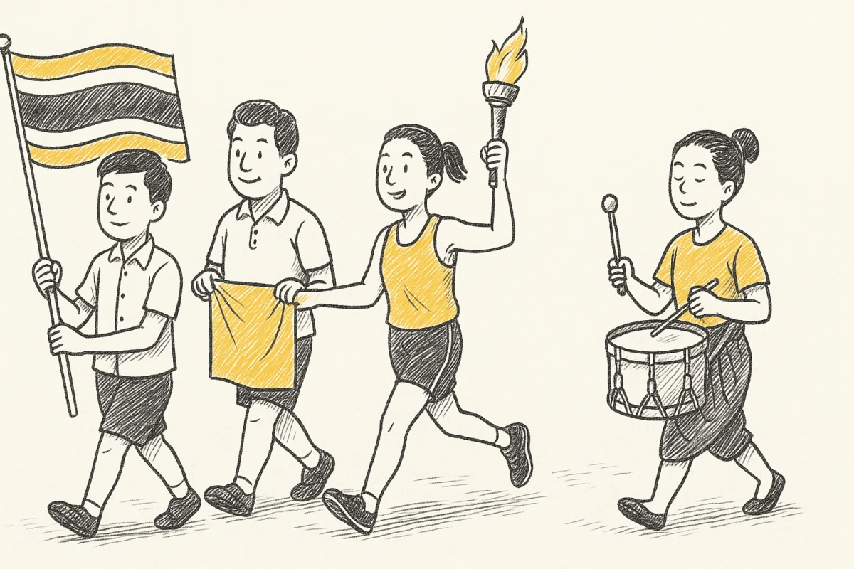 ลำดับและผังของขบวนพาเหรดกีฬาในงานเฉลิมฉลอง ฉบับเข้าใจง่าย อั