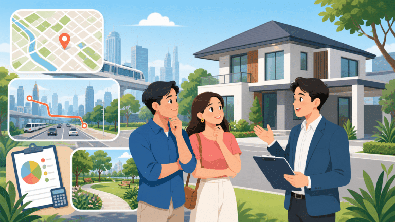 ครอบครัวสำรวจบ้านจัดสรรและแผนที่การเดินทางก่อนตัดสินใจ