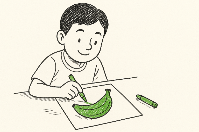 ระบายสีใบงานที่มีรูปภาพของกล้วยอย่างสร้างสรรค์ ฉบับเข้าใจง่า
