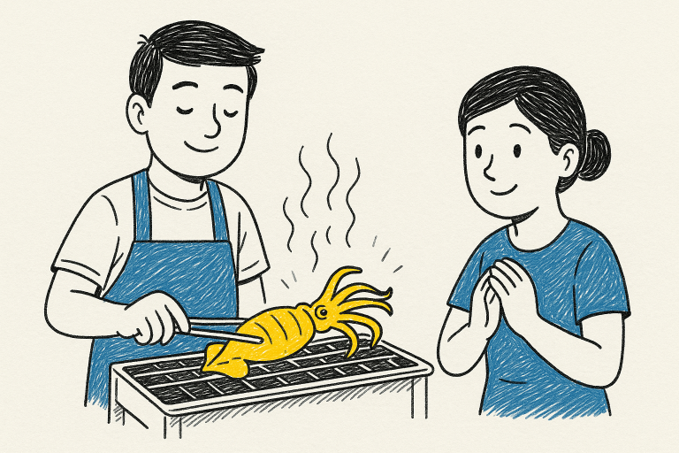 เทคนิคการทำปลาหมึกย่างให้มีสีเหลืองสวยและอร่อย ฉบับเข้าใจง่า